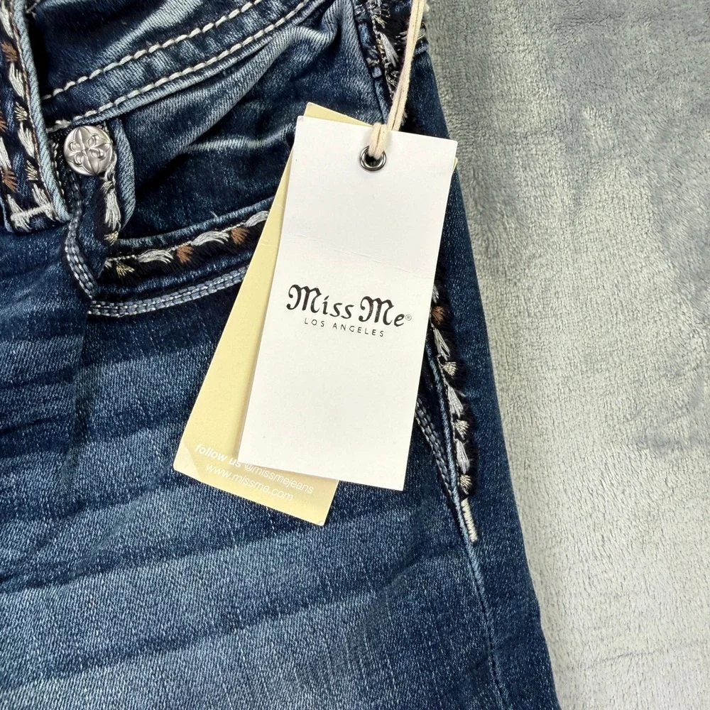 Miss Me Mid Rise Bootcut Jeans Dark Wash Embroidered Sequin Size 25x34 NEW